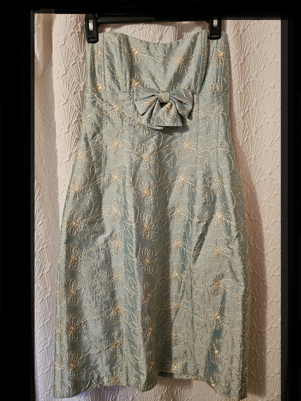 Light Blue Floral Brocade Strapless Dress - Picture 2 of 12